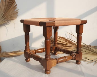 Handmade Woven Wood Stool: Antique Brown Finish, Farmhouse Decor