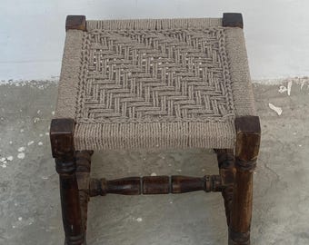 Hand Woven Jute Rope Stool: Reclaimed Wood Antique Footstool