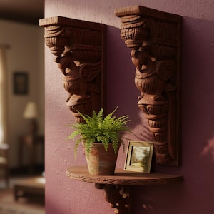 Hand Carved Wooden Peacock Corbel Pair – Indian Temple Wall Bracket, South Indian Wood Carving