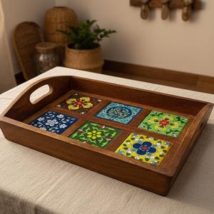 Hand Painted Wooden Serving Tray, Rectangular Shape, Terracotta Tile Design, Multi-Purpose Home Decor Tray