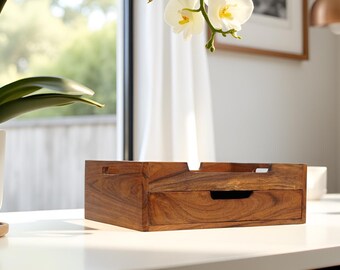 Teak Wood Serving Tray with Tea Bag Drawer - Multi-Use Organizer