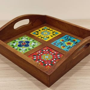 Hand Painted Wooden Serving Tray, Rectangular Shape, Terracotta Tile Design, Multi-Purpose Home Decor Tray