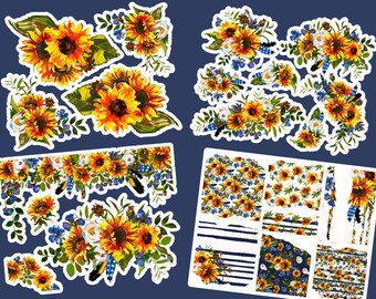 Solar Eclipse - Sunflower Die Cuts - Hand Cut Sticker Kit for Planner & Journal, Sunflower Stickers, Floral Stickers, Astronomy