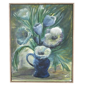 Blue Jug signed oil painting by artist Pat Heart | Vintage Flower Still Life | Framed Original Wall Art Floral Australian Artwork on Canvas