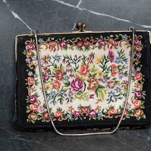 Vintage Tapestry  micro Petit Point Bag | BEAUTIFUL Hand Embroidered Floral Motif Gold Metal Chain Purse Bag