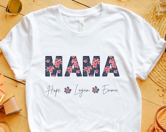 Camiseta personalizada para mamá con los nombres de los niños, camiseta floral para mamá