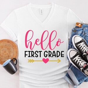 vneck teacher shirt first grade team first grade teacher shirt hello first grade shirt 1st grade teacher 1st day school shirt back to school