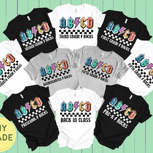 abcd back in class abcd back to school abcd kindergarten rocks abcd pre k rocks abcd rock back to school shirt abcd teacher shirt gift
