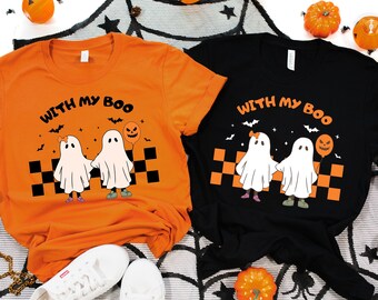 Camisetas a juego para parejas en Halloween, camisetas de la temporada de sustos con la palabra "Boo".