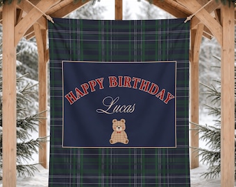 Teddy Bear Plaid Happy Birthday Backdrop, Custom Name Tartan Birthday Banner