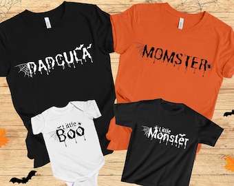 Camisetas de Halloween Dadcula Momster, camisetas combinando para toda a família com tema de monstros.