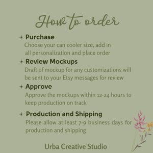 May include: How to order a custom can cooler. Choose your size, personalize it, and review a mockup before production. Allow 7-9 business days for production and shipping. Urba Creative Studio.