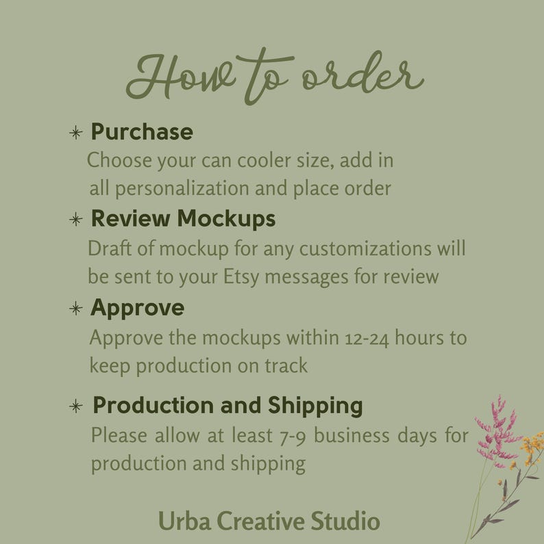 May include: How to order a custom can cooler. Choose your size, personalize it, and review a mockup before production. Allow 7-9 business days for production and shipping. Urba Creative Studio.