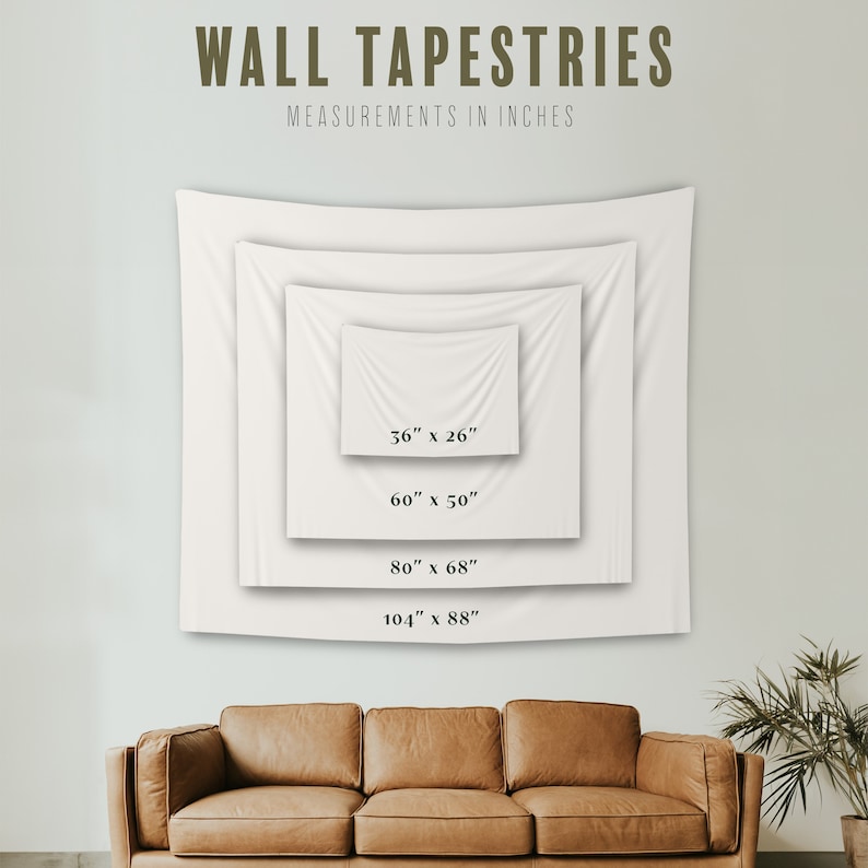 May include: Four white wall tapestries of varying sizes are displayed against a light gray wall. The sizes are labeled in inches: 36" x 26", 60" x 50", 80" x 68", and 104" x 88". The text "WALL TAPESTRIES" is at the top.