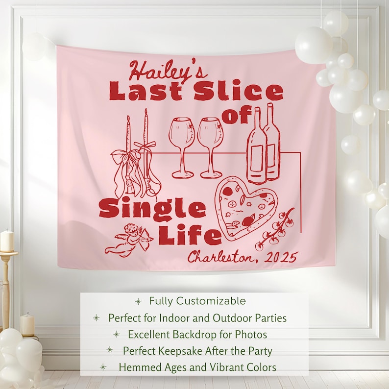 May include: A pink fabric backdrop with the text "Hailey's Last Slice of Single Life Charleston, 2025" in red. The design includes illustrations of wine glasses, bottles, candles, and a heart-shaped pizza. White balloons are in the background.