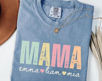 Camiseta de mamá personalizada, nombres de niños personalizados, camiseta retro de mamá