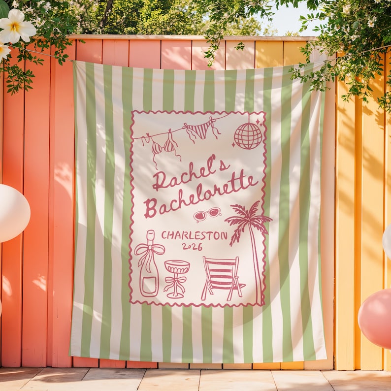 May include: A green and white striped fabric banner with a pink framed illustration that reads "Rachel's Bachelorette Charleston 2026". The illustration includes a bikini, disco ball, sunglasses, palm tree, champagne bottle, and beach chair.
