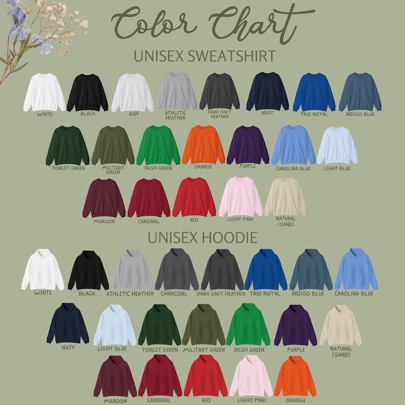 Puede incluir: Carta de colores que muestra diferentes colores de sudaderas y sudaderas con capucha unisex. La carta incluye colores como blanco, negro, ceniza, gris deportivo, gris oscuro deportivo, azul marino, azul real, azul &iacute;ndigo, verde bosque, verde militar, verde irland&eacute;s, naranja, morado, azul carolina, azul claro, granate, cardenal, rojo, rosa claro y natural (arena).