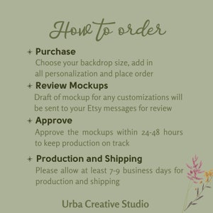 May include: A light green graphic with the text "How to order" in a cursive font. The text describes the steps to order a backdrop, including purchase, review mockups, approval, and production. The bottom of the graphic says "Urba Creative Studio".