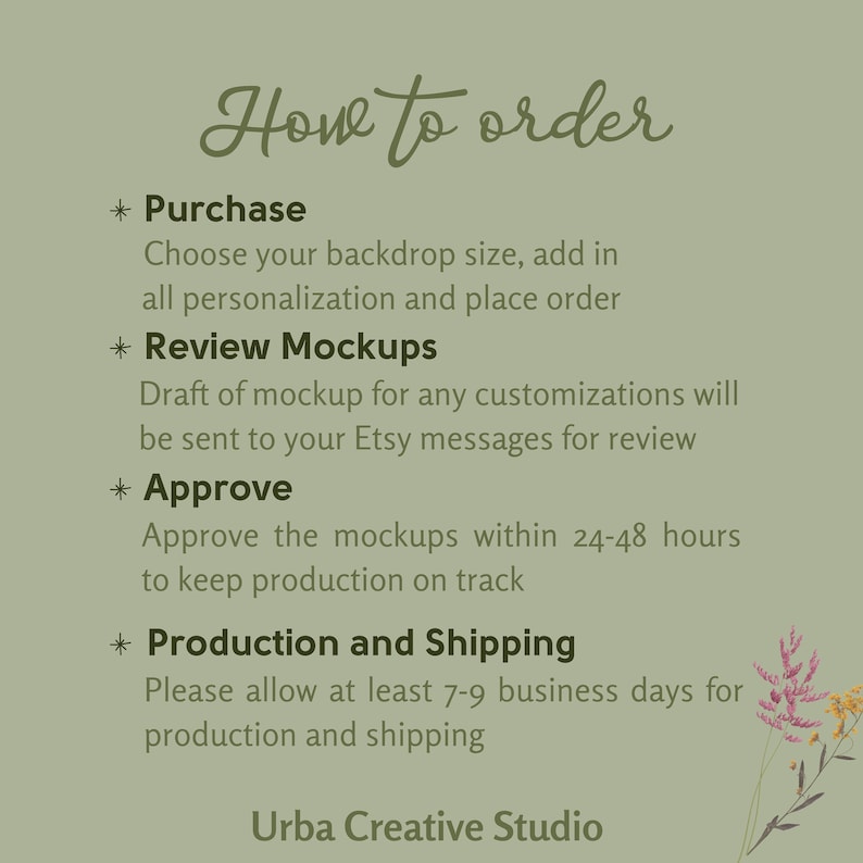 May include: A light green graphic with the text "How to order" in a cursive font. The text describes the steps to order a backdrop, including purchase, review mockups, approval, and production. The bottom of the graphic says "Urba Creative Studio".