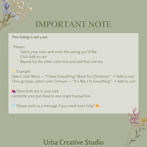 May include: A green notice with the heading "IMPORTANT NOTE" and instructions for purchasing items. The text explains that the listing is not a set and provides steps for selecting colours and adding items to the cart. The Urba Creative Studio logo is at the bottom.
