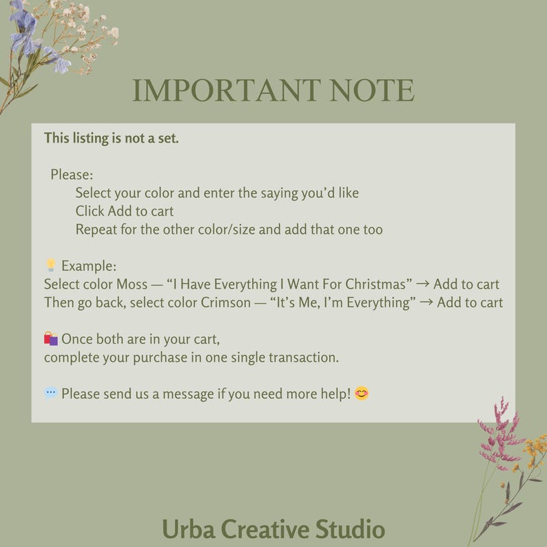 May include: A green notice with the heading "IMPORTANT NOTE" and instructions for purchasing items. The text explains that the listing is not a set and provides steps for selecting colours and adding items to the cart. The Urba Creative Studio logo is at the bottom.