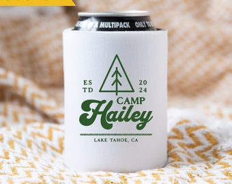 Custom Camp Bachelorette Can Cooler, Camping Party Favor