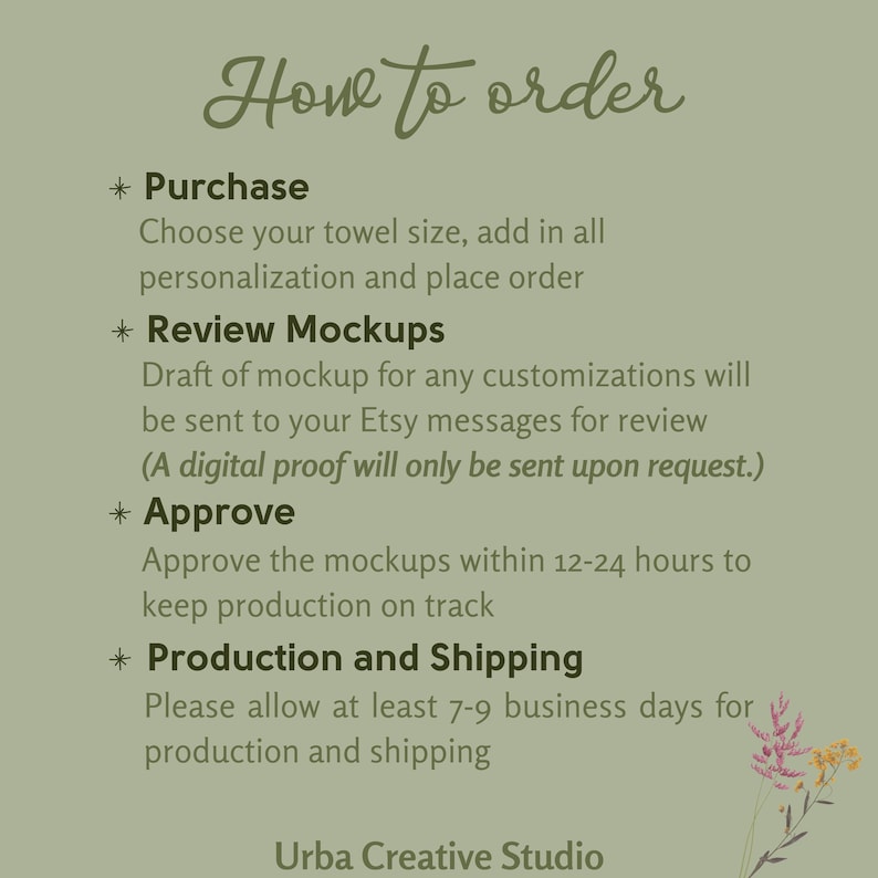 May include: Green background with white text explaining how to order a personalized towel. The text includes the steps: Purchase, Review Mockups, Approve, and Production and Shipping. The text also includes the business name, Urba Creative Studio.