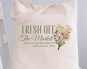 Bolsa de mano personalizada para despedida de soltera "Recién salida del mercado". Recuerdos para despedida de soltera en el mercado de agricultores.