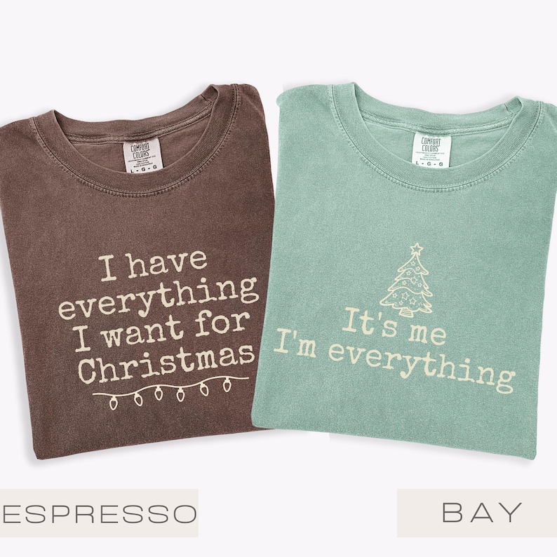 May include: Two Comfort Colors t-shirts, one in espresso brown and one in bay green. The brown shirt reads "I have everything I want for Christmas". The green shirt says "It's me I'm everything".