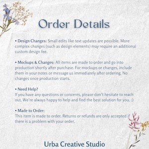 Puede incluir: Un papel color crema con el texto "Order Details" en escritura azul. Vi&ntilde;etas detallan los cambios de dise&ntilde;o, maquetas e informaci&oacute;n de pedido. El texto "Urba Creative Studio" est&aacute; en la parte inferior, con acentos florales.
