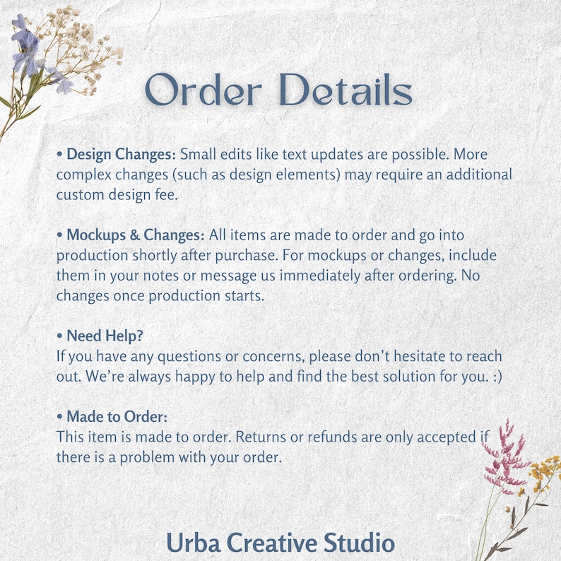 Puede incluir: Un papel color crema con el texto "Order Details" en escritura azul. Vi&ntilde;etas detallan los cambios de dise&ntilde;o, maquetas e informaci&oacute;n de pedido. El texto "Urba Creative Studio" est&aacute; en la parte inferior, con acentos florales.
