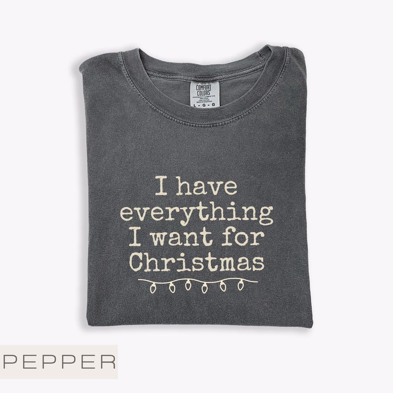May include: A dark grey t-shirt with the white text "I have everything I want for Christmas". The shirt has a crew neck and a tag that says "Comfort Colors". A string of lights is below the text.