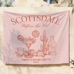 Banner per addio al nubilato Scottsdale Before The Veil, decorazioni personalizzate per addio al nubilato nel deserto, sfondo per foto di addio al nubilato con cactus, cartello di benvenuto per l'equipaggio del deserto