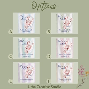 May include: Image features six different designs of a rectangular product with a lobster graphic and text. Each design has a different color scheme, including blue, pink, and purple stripes. The text reads "She's a Catch!" and "Katie's Bachelorette, Charleston, SC."