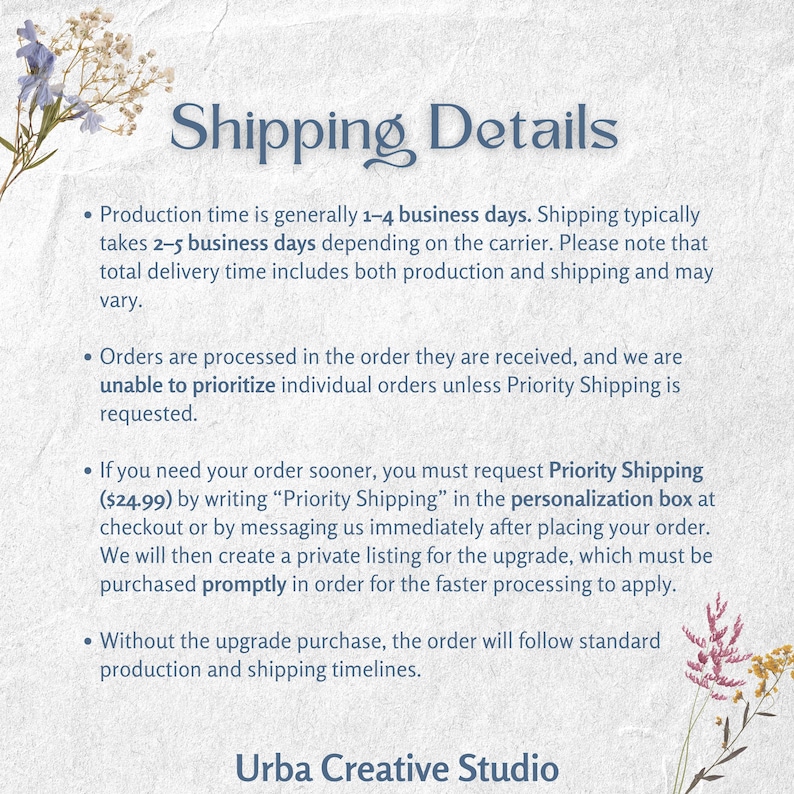 Puede incluir: Imagen con el texto "Shipping Details" y vi&ntilde;etas que detallan los tiempos de producci&oacute;n y env&iacute;o. El texto tambi&eacute;n menciona "Urba Creative Studio". Hay elementos florales decorativos en las esquinas.