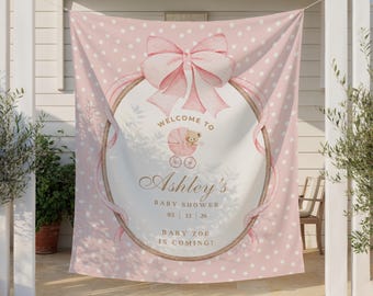 Personalized Baby Shower Backdrop, Pink Polka Dot Fabric Banner