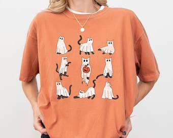 Comfort Colors® schattig shirt met spookkat, shirt zwarte kat Halloween, T-shirt spookkat, T-shirt kat retro, shirt kat retro, shirt kat Halloween, cadeau kat Halloween