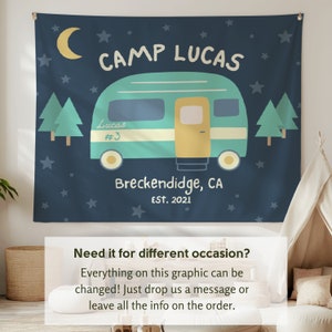 Puede incluir: Una caravana azul y blanca con el texto "CAMP LUCAS" y "Lucas #3" en el lateral. La caravana est&aacute; sobre un fondo azul oscuro con estrellas blancas y una luna creciente. El texto "Breckendidge, CA EST. 2021" est&aacute; debajo de la caravana.