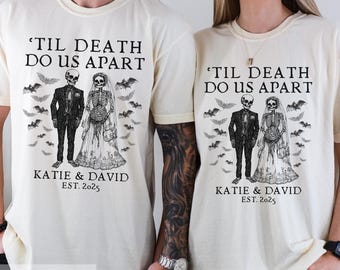 Custom Skeleton Couple Comfort Colors Shirt, Gothic Halloween Wedding