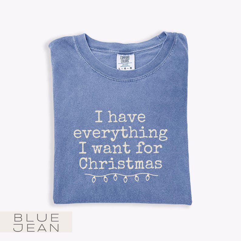 May include: A blue t-shirt with the text "I have everything I want for Christmas" in white. The shirt has a crew neck and a tag that says "Comfort Colors". The bottom of the shirt has a string of lights.