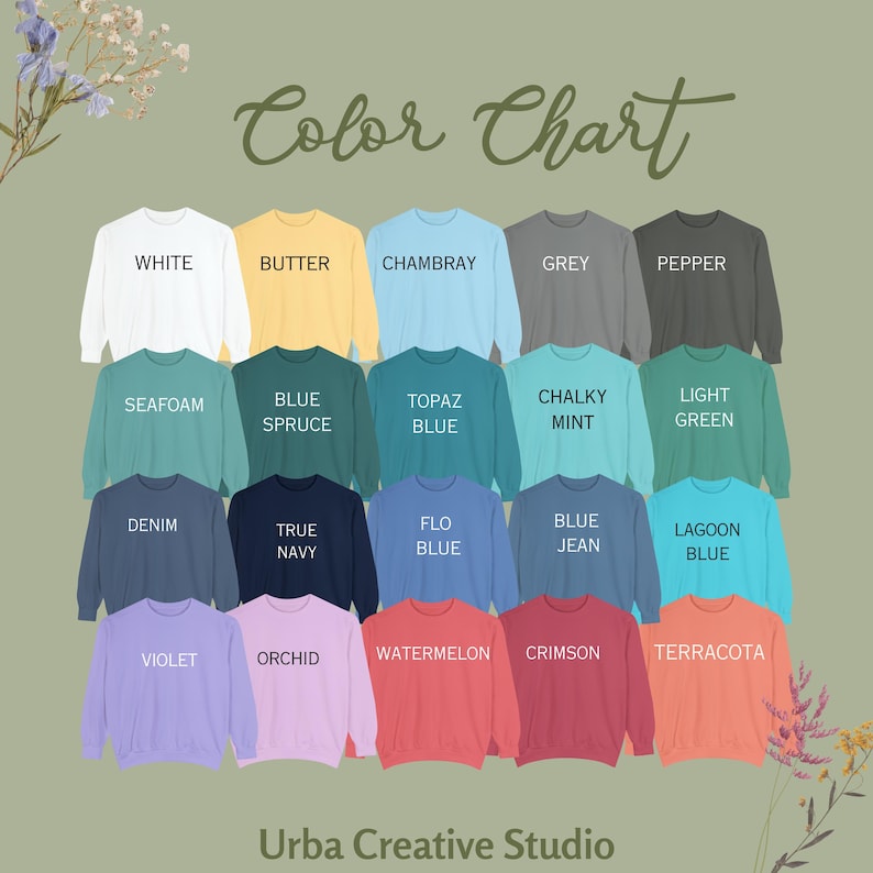 Op de afbeelding: Een kleurenkaart met een verscheidenheid aan crewneck sweatshirts in verschillende kleuren, waaronder wit, boter, chambray, grijs en peper. De kaart toont ook kleuren als seafoam, blauwe spar, topaasblauw en krijtachtige munt. De tekst "Color Chart" staat bovenaan.