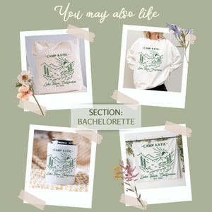 May include: A set of four different items featuring a green mountain scene with a sun and a river, with the text "Camp Katie - Lake Tahoe, California" and the year established. The items include a tote bag, a sweatshirt, a can cooler, and a tapestry.