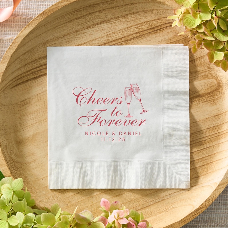Cheers To Forever Napkins Custom Rehearsal Dinner Napkins Personalized Engagement Party Napkins Monogram Wedding Reception Cocktail Napkins image 3