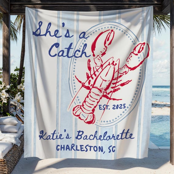 She's a Catch Bachelorette Banner Custom Lobster Theme Bachelorette Decor East Coast Bridal Shower Photo Backdrop Coastal Bachelorette Sign