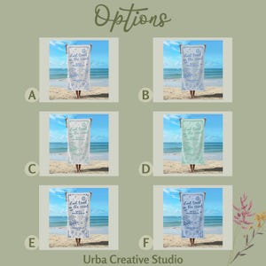 May include: Six different beach towel designs with the text "Last toast on the coast" in blue and white. The towels are displayed on a beach with sand and ocean in the background.