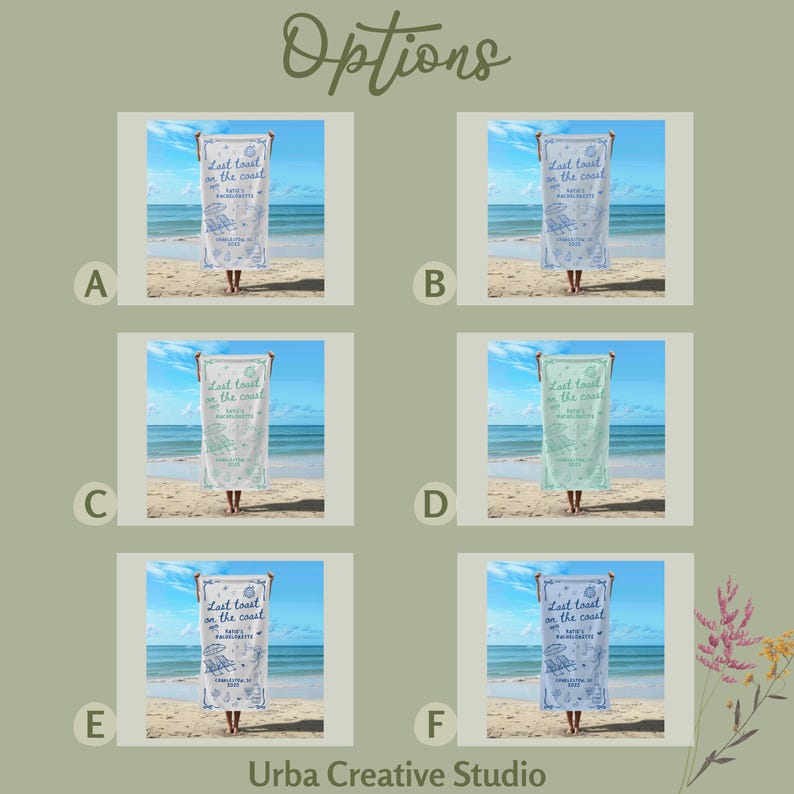 May include: Six different beach towel designs with the text "Last toast on the coast" in blue and white. The towels are displayed on a beach with sand and ocean in the background.