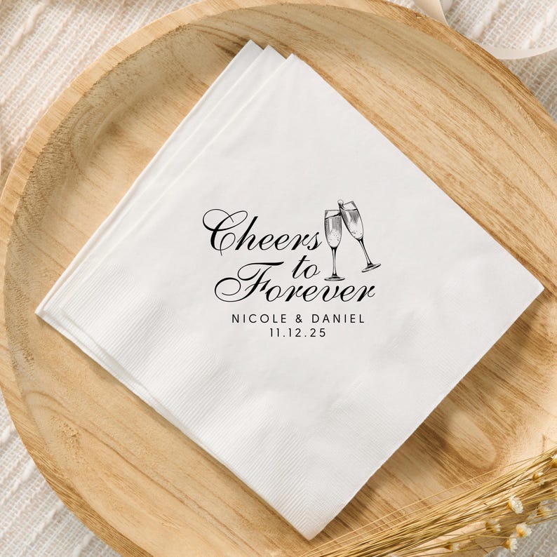 Cheers To Forever Napkins Custom Rehearsal Dinner Napkins Personalized Engagement Party Napkins Monogram Wedding Reception Cocktail Napkins image 2