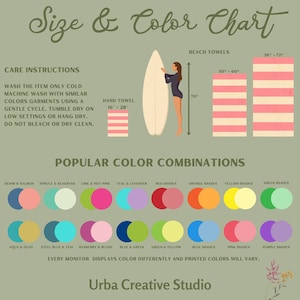 May include: A size and color chart for beach towels, hand towels, and other items. The chart includes a variety of colors and sizes, as well as care instructions. The chart also includes a popular color combinations section with 12 different color combinations.