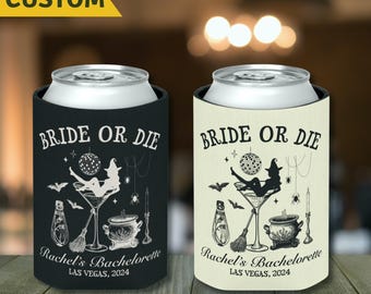 Enfriador de latas para despedida de soltera de Halloween, regalos personalizados para despedida de soltera de brujas, soporte para latas de Bride or Die, regalos para despedida de soltera de Halloween